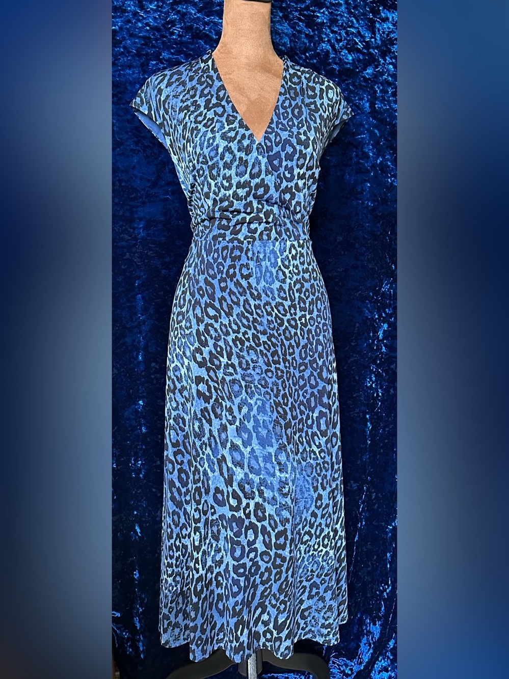 London Style Collection Blue Leopard Print V-Neck Dress